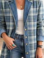 Retro Plaid Pattern Art Casual Denim Patchwork Stylish Long Sleeve Coat