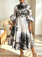 Women Floral Print Mock Neck Puff Sleeve A‑Line Midi Dress