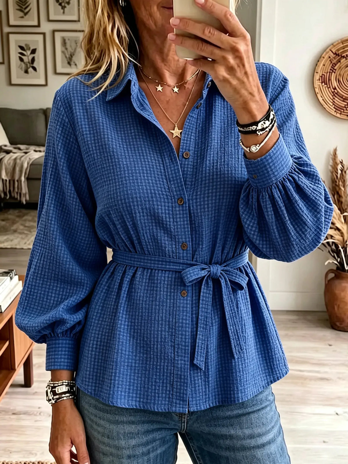 Women's Belted Waffle Knit Button-Down Tunic Shirt