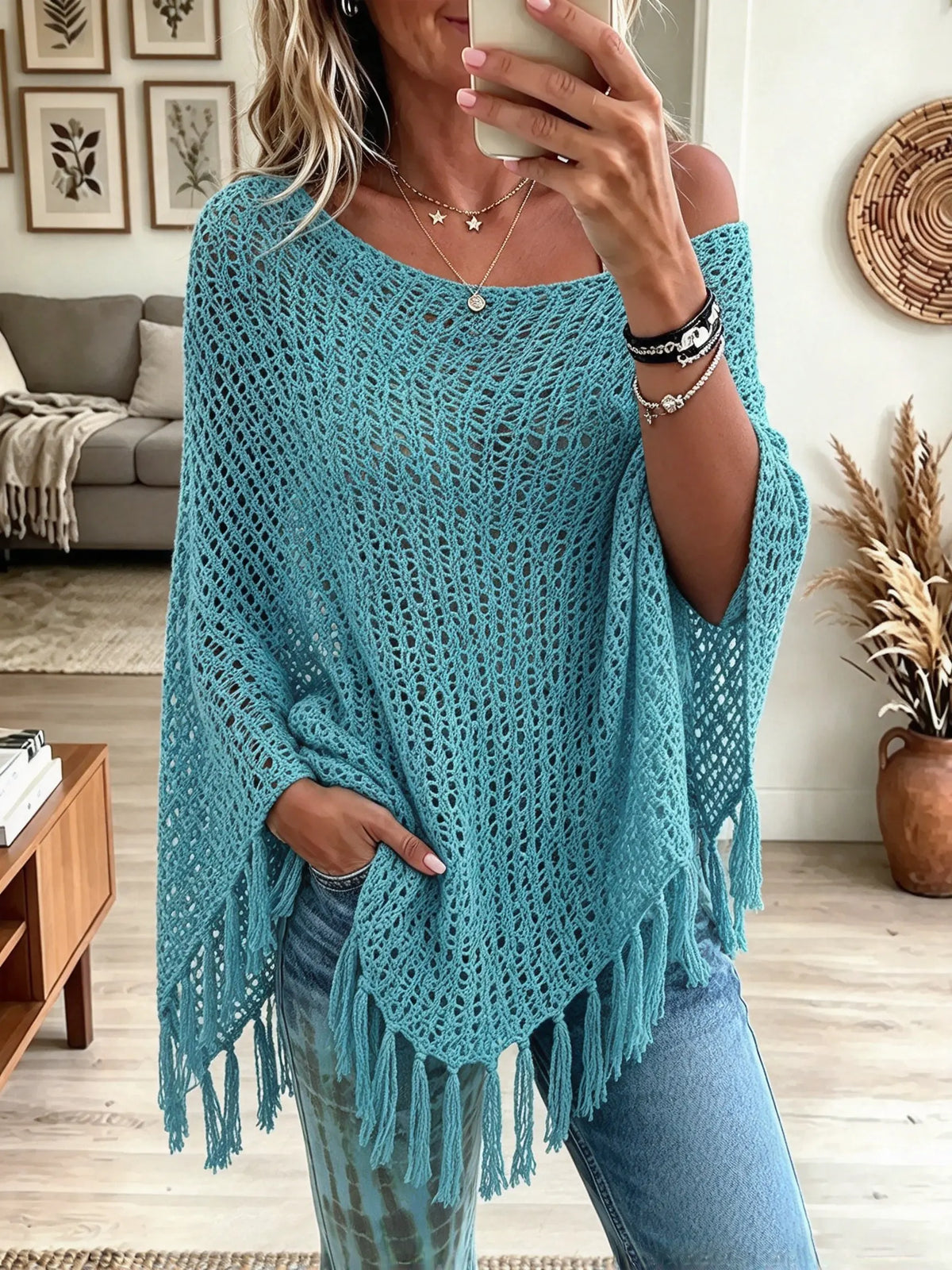 Women's Crochet Fringe Poncho Sweater