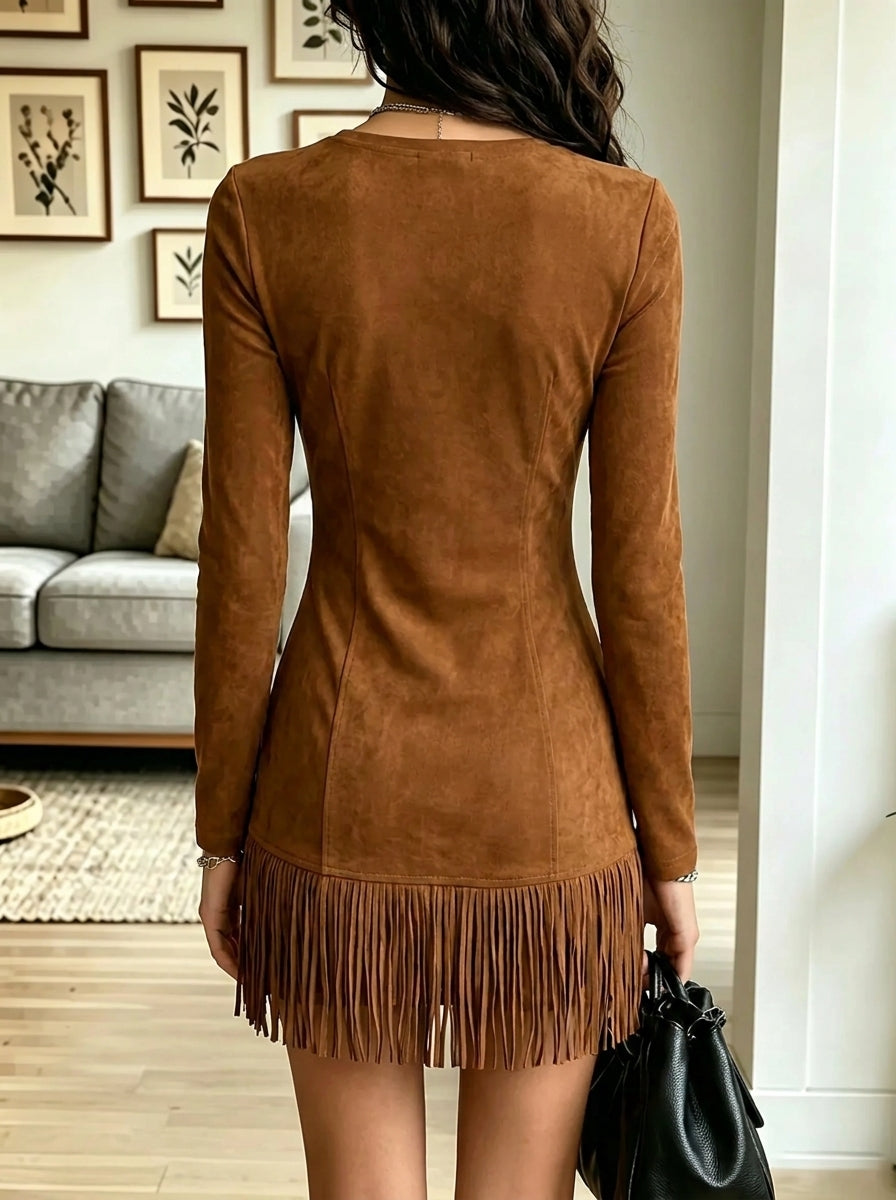 Women's Long-Sleeve Suede Fringe Mini Dress