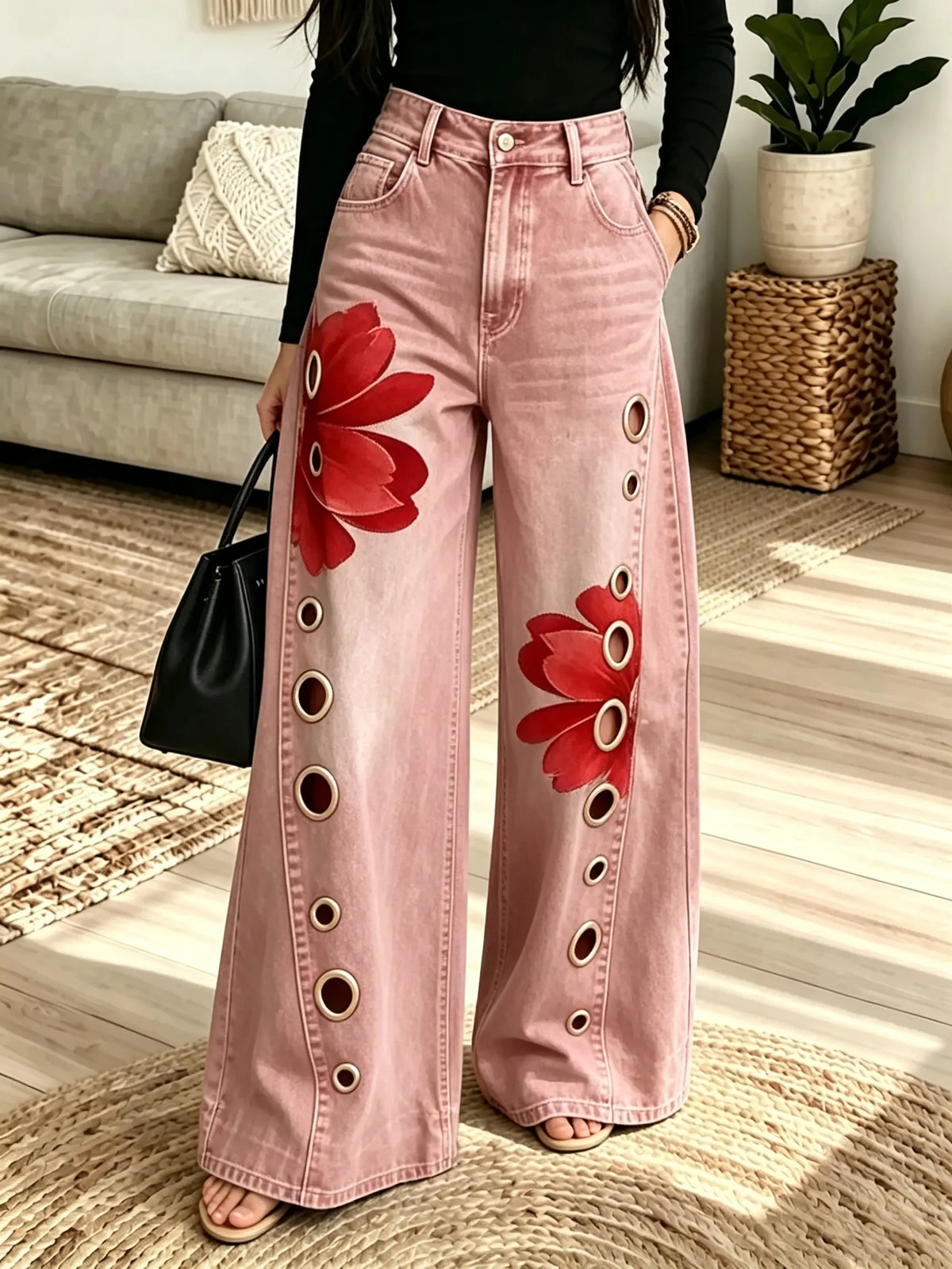 Women's Grommet Floral Patchwork Wide-Leg Jeans