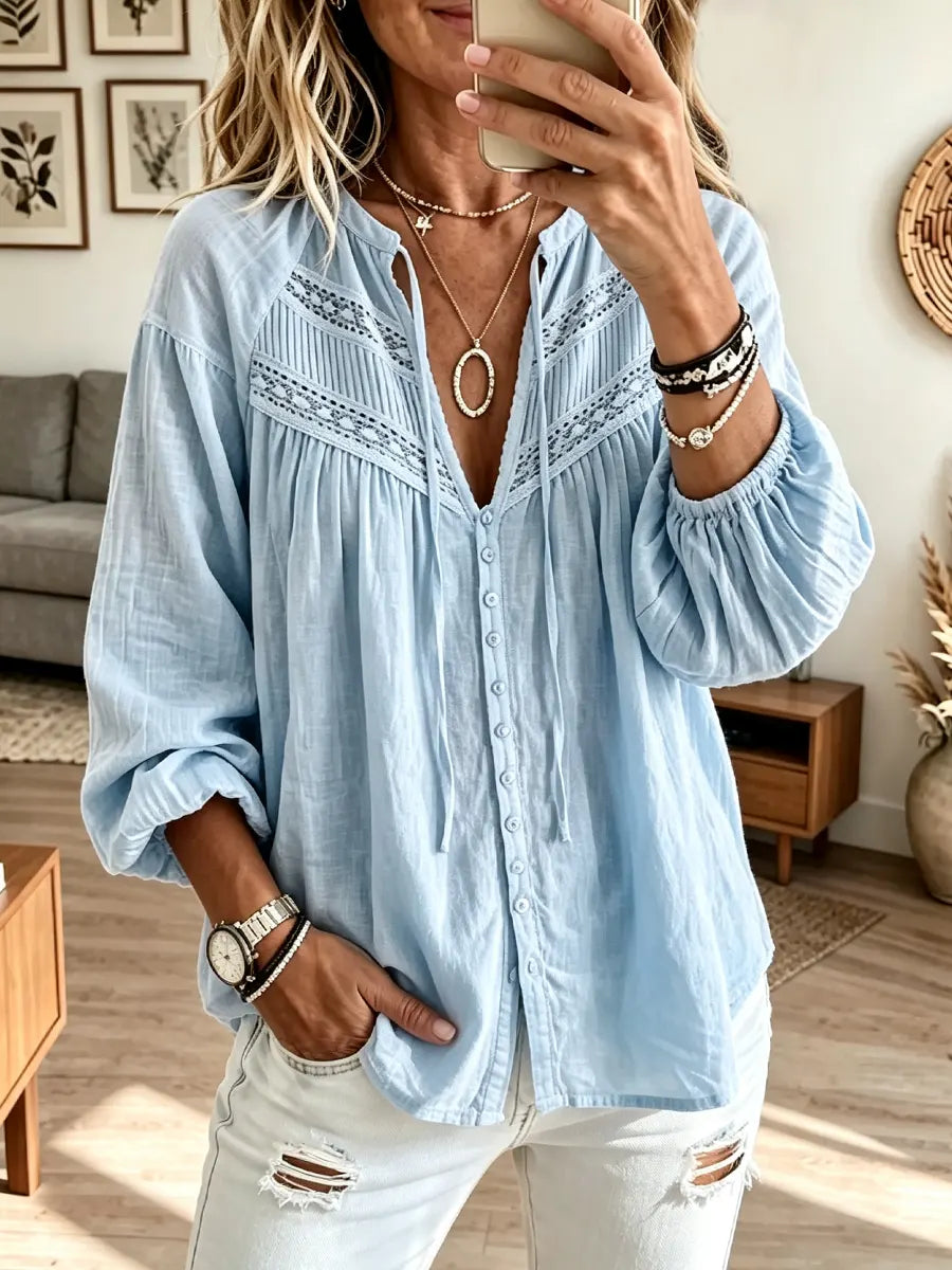 Retro Solid Color Art Casual Hollow Stylish Long Sleeve Cotton Linen Shirt
