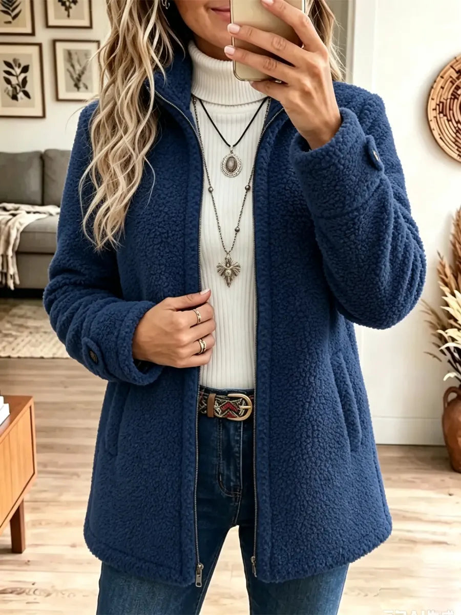 Retro Fleece Art Casual Stylish Long Sleeve Zip Coat