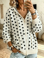 Vintage Polka Dot Hooded Knitted Zip Art Casual Stylish Long Sleeve Sweater Coat