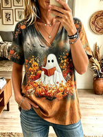 Women Halloween Ghost Reading Pumpkin Tie Dye Raglan V Neck Tee
