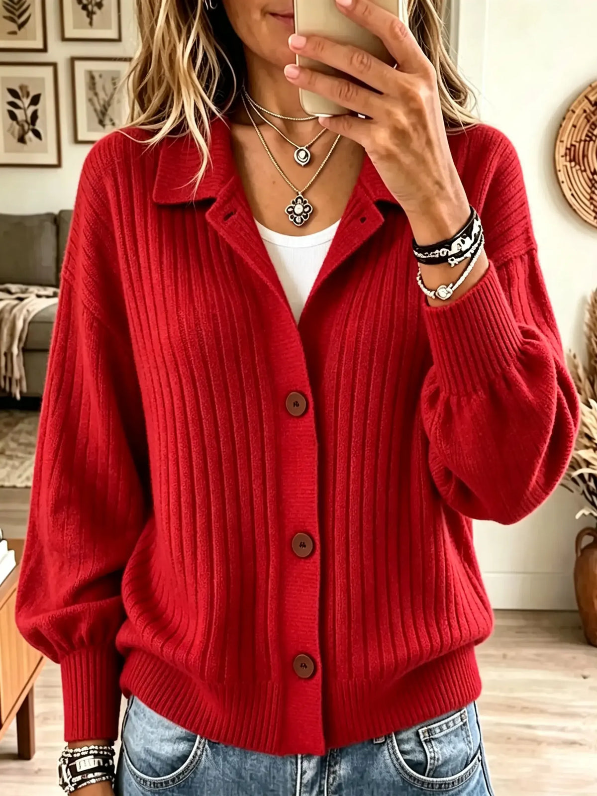 Women's Polo Collar Button-Down Ribbed Cardigan