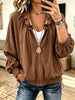 Women Drawstring Ruched Collar Full‑Zip Batwing Sleeve Textured Jacket