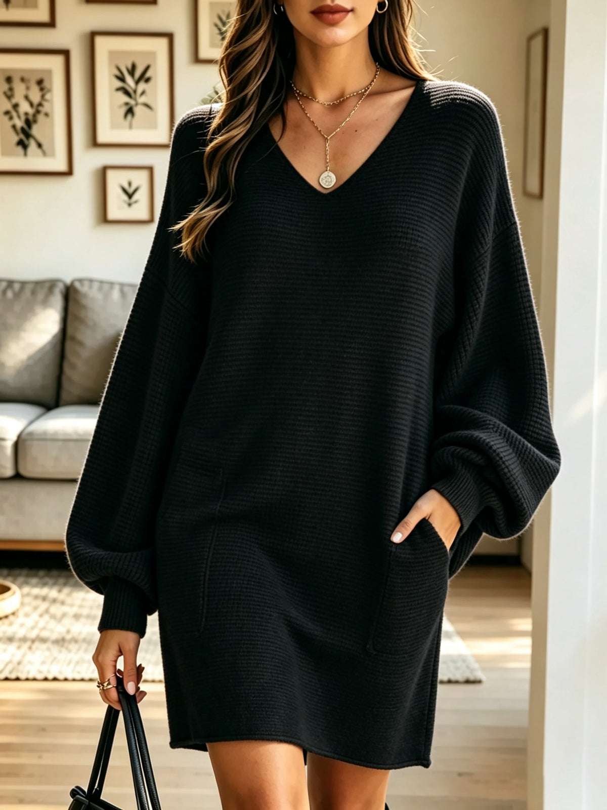 Women's Crewneck Sweater Pockets Mini Dress