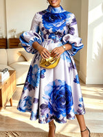 Women Floral Print Mock Neck Puff Sleeve A‑Line Midi Dress