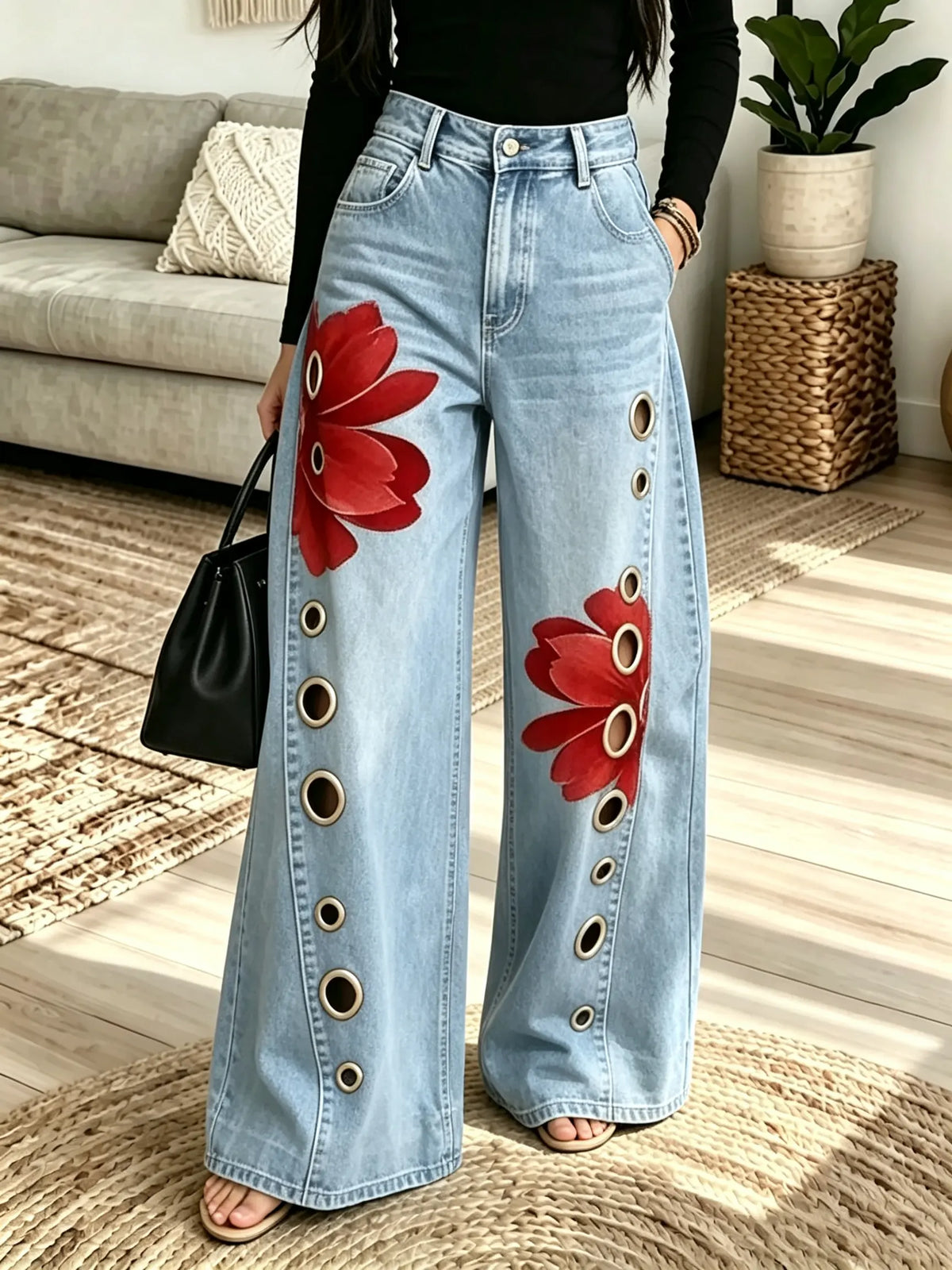 Women's Grommet Floral Patchwork Wide-Leg Jeans