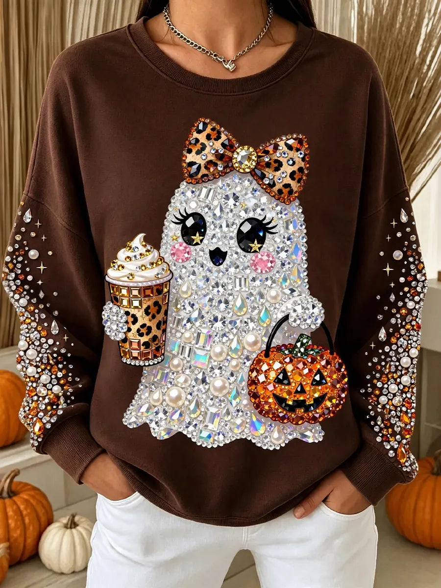 Vintage Autumn Halloween Ghost Pumpkin Art Print Crewneck Sweatshirt