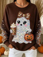 Vintage Autumn Halloween Ghost Pumpkin Art Print Crewneck Sweatshirt
