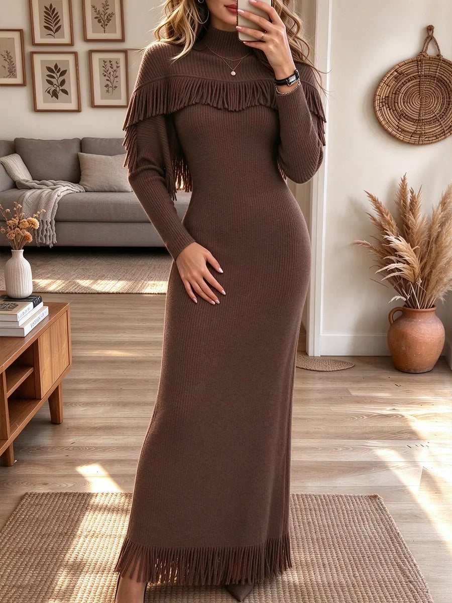Women's High-neck Tassel Ribbed Knit Long Dress
