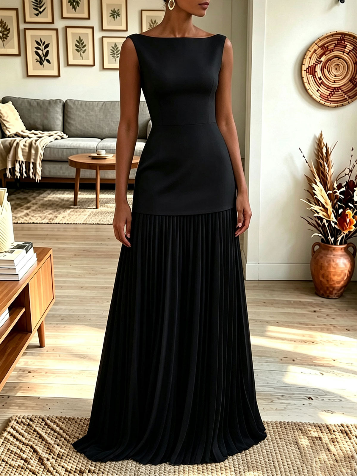 Women Boat Neck Sleeveless Two‑Tone Pleated Maxi Evening Dress