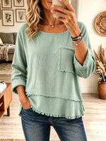 Women's Frayed Trim Textured Scoop Neck Tunic Top