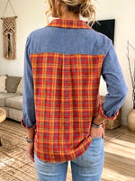 Women Denim Plaid Spliced Button‑down Long Sleeve Shirt With Pocket