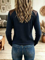 Women Navy Waffle Knit Faux Leather Lace-up V Neck Long Sleeve Top