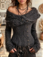 Women's Retro Off-shoulder Button-down Cardigan Sweater
