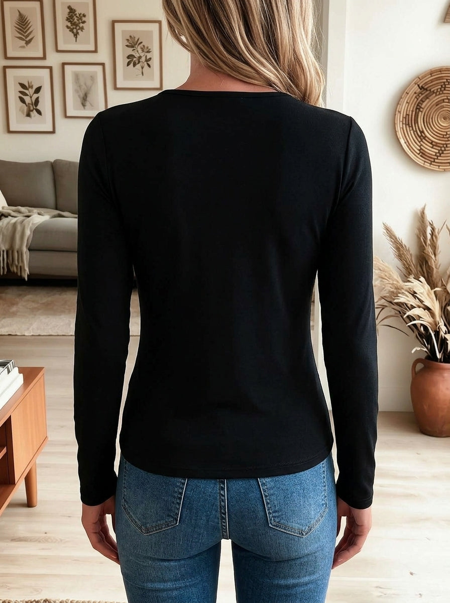 Women's Leopard Mesh Spliced V Neck Twisted Front Long Sleeve Top, Slim Fitted Shirt