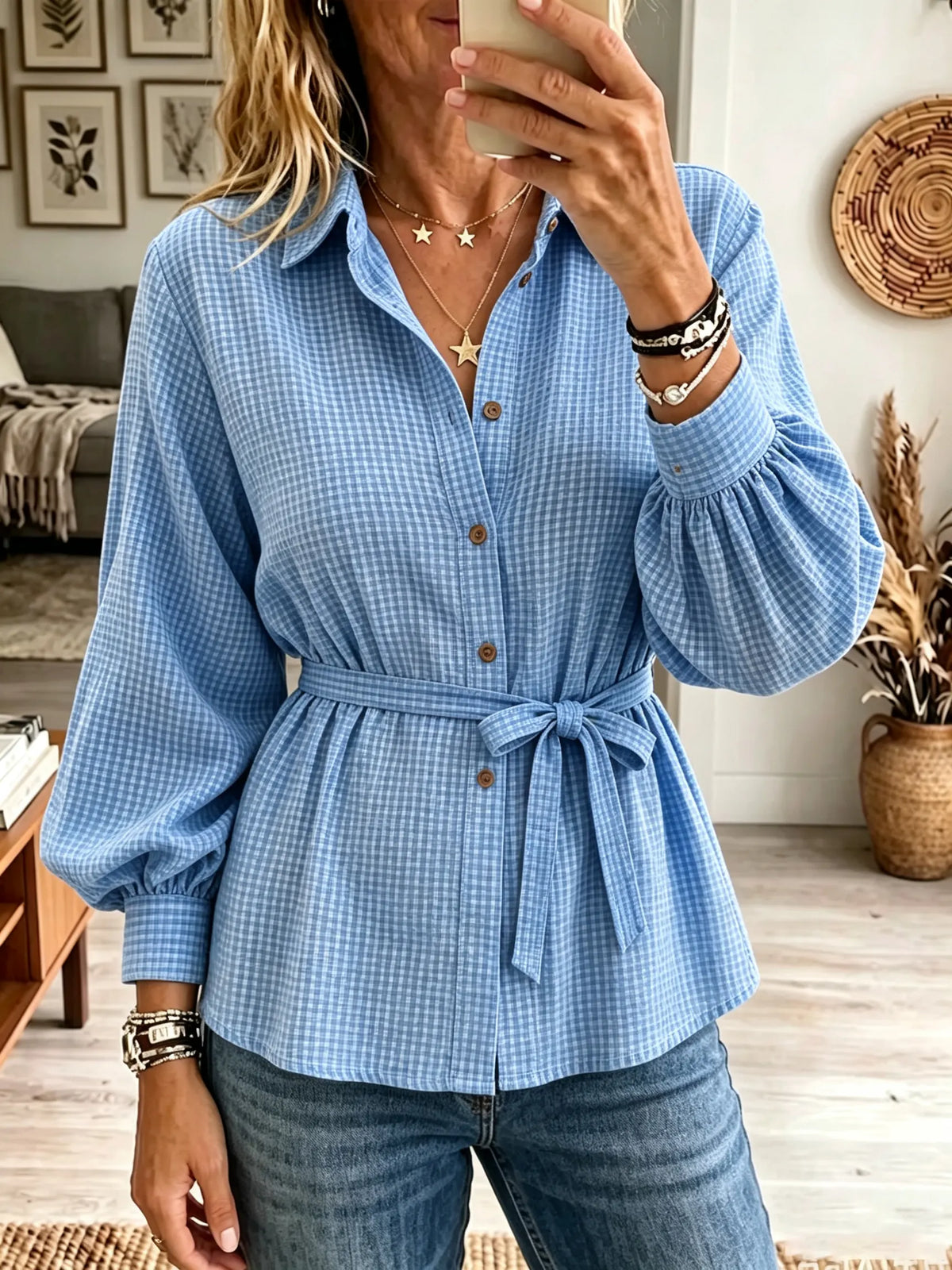 Women's Belted Waffle Knit Button-Down Tunic Shirt