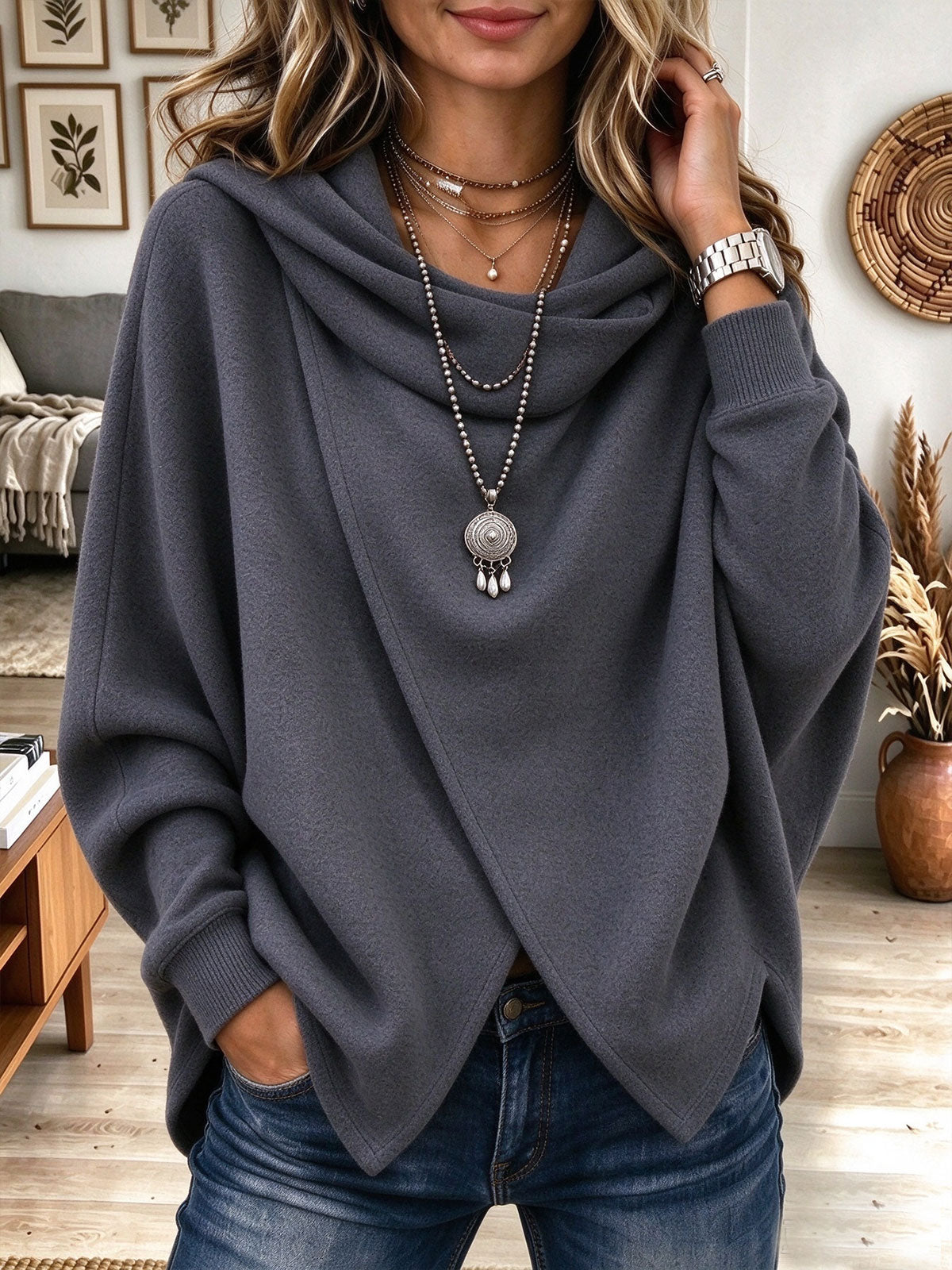 Women's Dark Grey Cowl Neck Asymmetric Draped Pullover Sweater