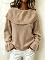 Women Off‑The‑Shoulder Big Fold‑Over Collar Ribbed Knit Sweater