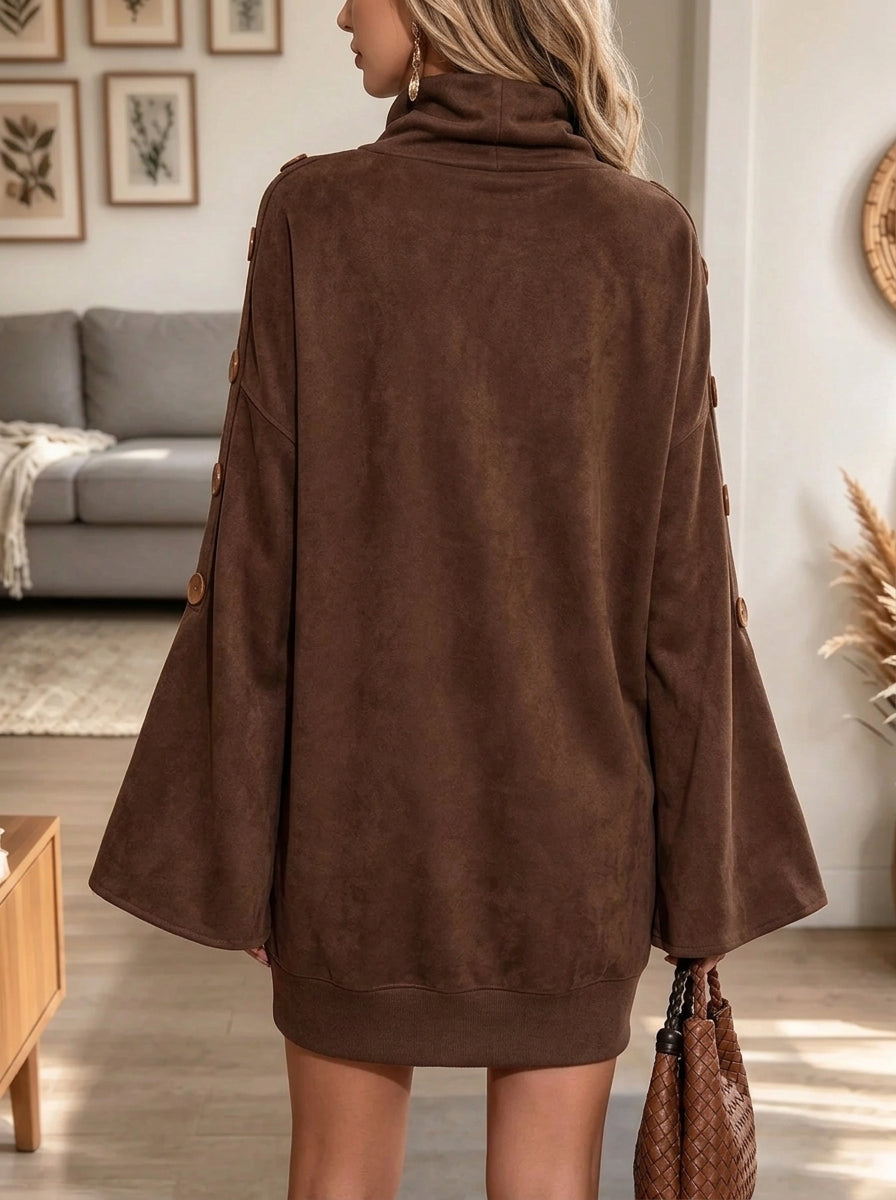 Women's Button Sleeve Turtleneck Faux Suede Dress