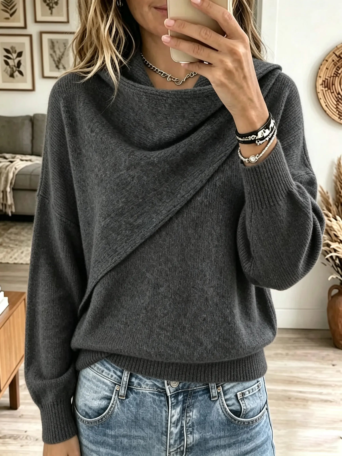 Women's Asymmetrical Draped Cowl Neck Sweater