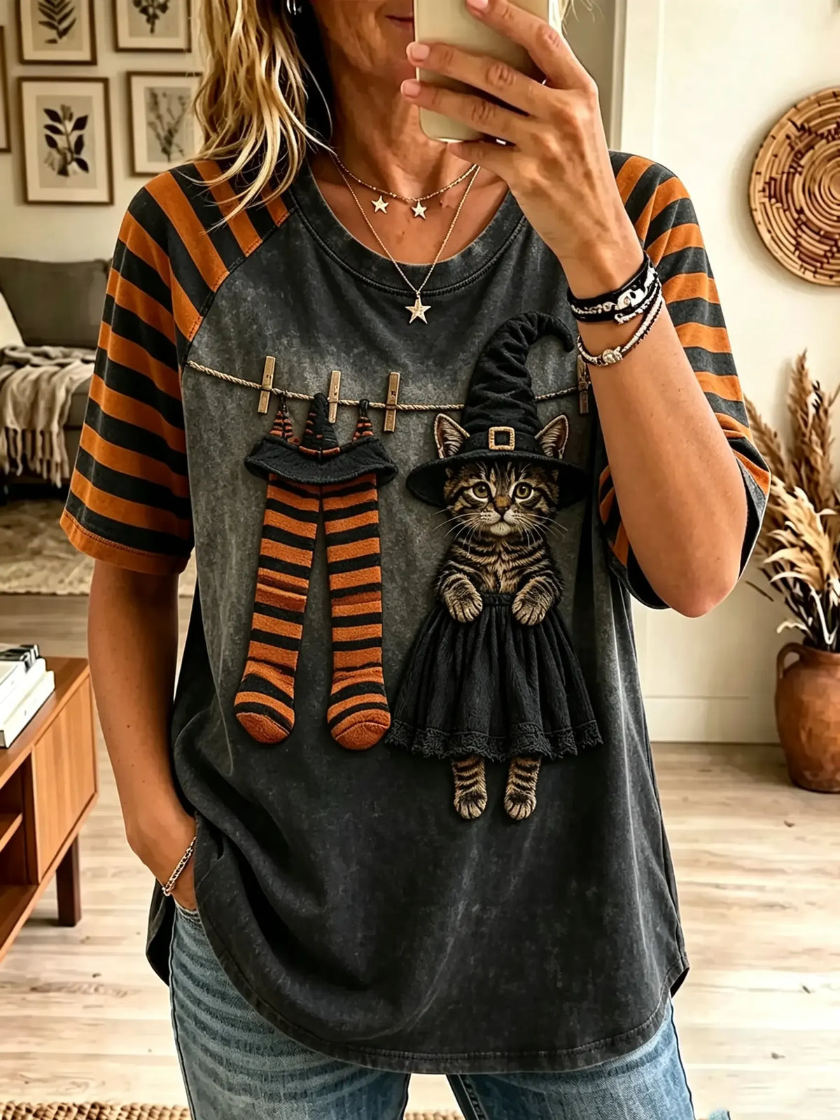 Women's Halloween Tabby Witch Cat Striped Sleeve T-Shirt