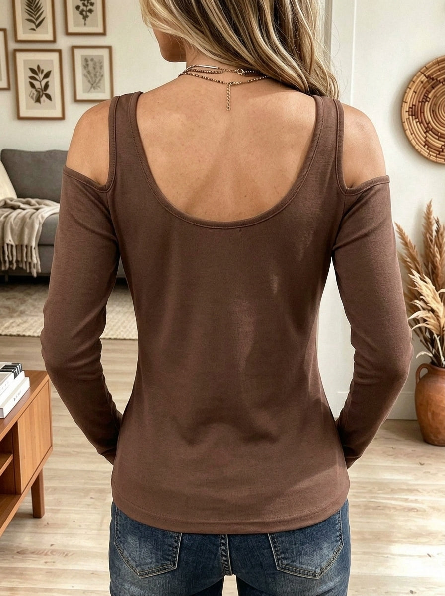 Women's Asymmetric Cut Out One Shoulder Long Sleeve Slim Fit Tee with Metal Eyelet Cuffs