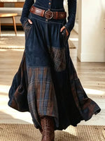Vintage Plaid Patchwork Art Casual Stylish Long Sleeve Long Dress