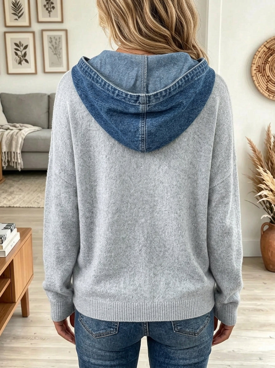 Women's Denim Contrast Button Asymmetric Knit Hoodie