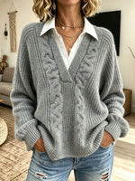 Women Faux Two‑Piece V‑Neck Cable Knit Collared Long Sleeve Sweater