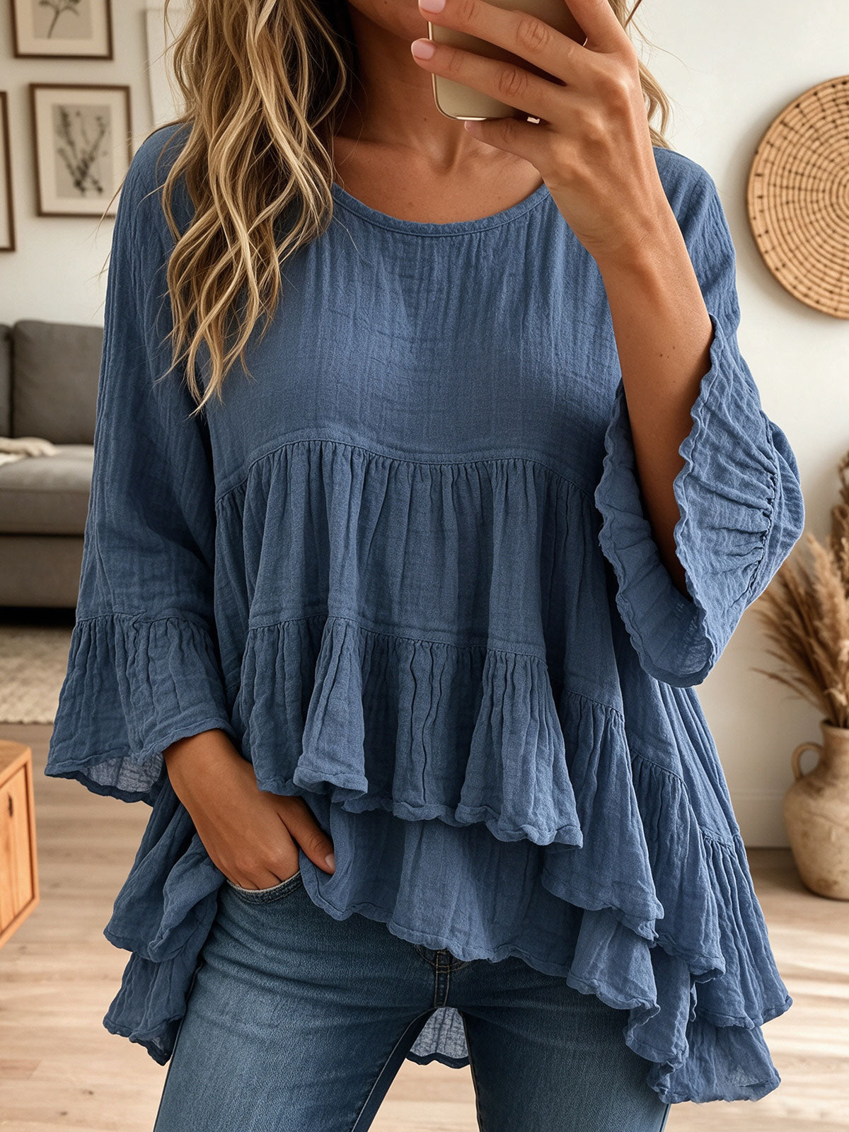 Women Blue Cotton Linen Tiered Ruffle Bell Sleeve Loose Babydoll Blouse