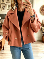 Women's Cropped Double Breasted Wool Blend Coat, Notched Lapel Short Pea Jacket