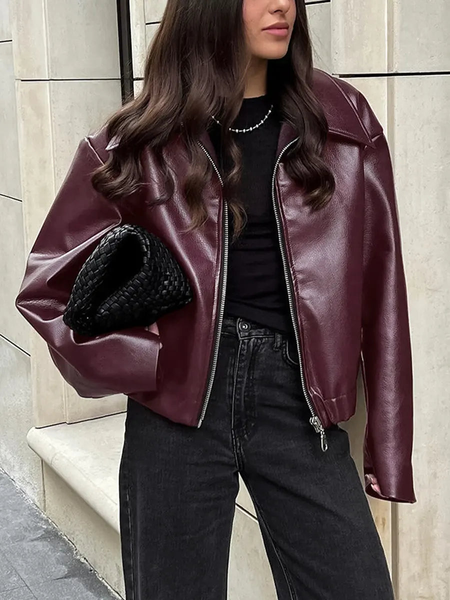 Retro Cozy Zip Art Casual Lapel Stylish Leather Long Sleeve Coat