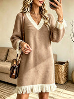 Women's V-Neck Contrast Fringe Knit Sweater Dress