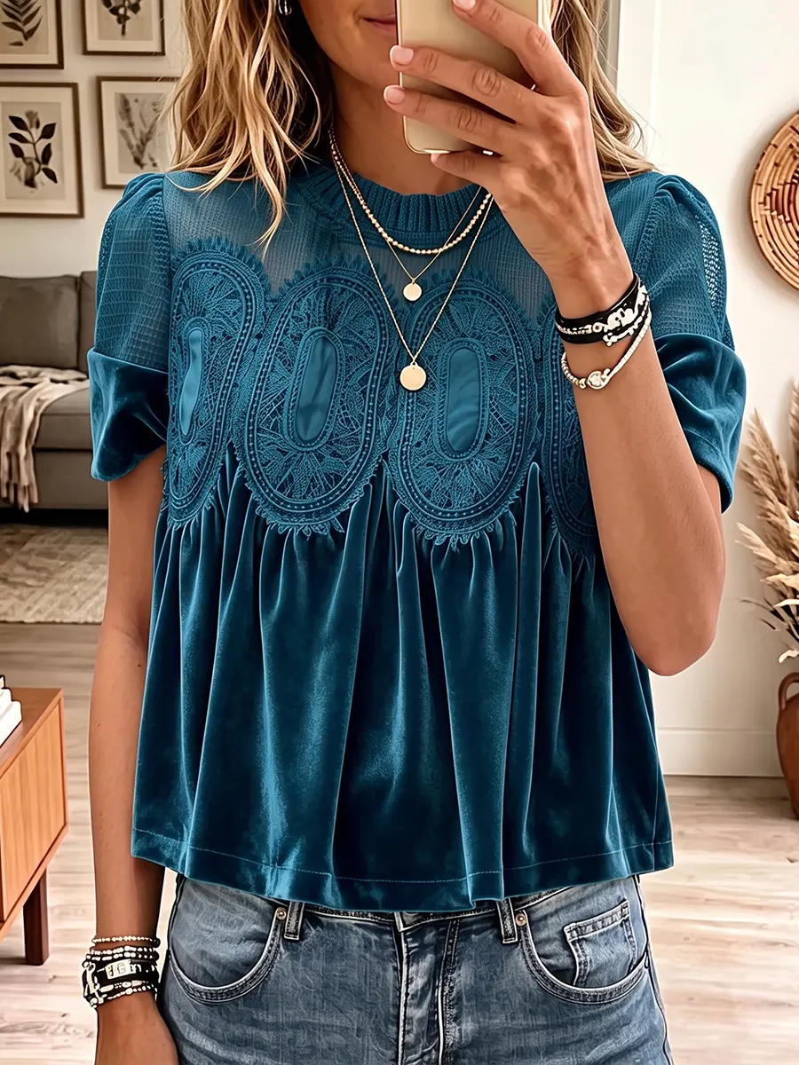 Vintage Elegant Velvet Patchwork Lace Shirt