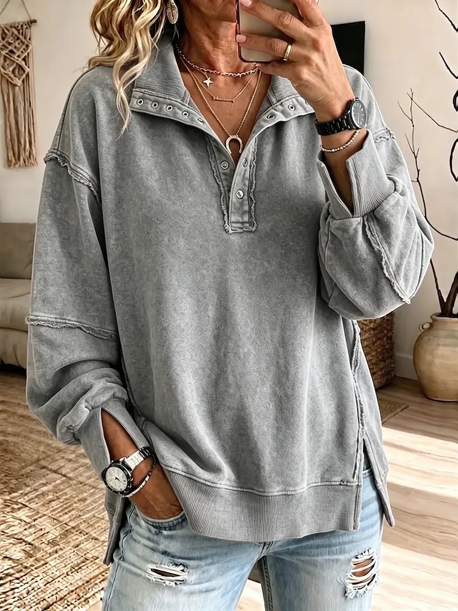 Retro Loose Art Casual Slit Side Stylish Long Sleeve Sweatshirt