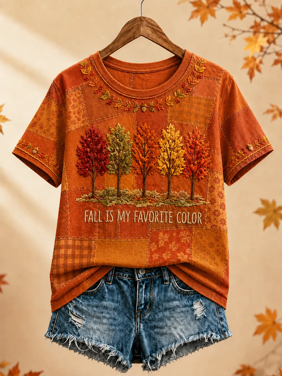 Women's Patchwork Fall Trees Graphic Crewneck T-Shirt