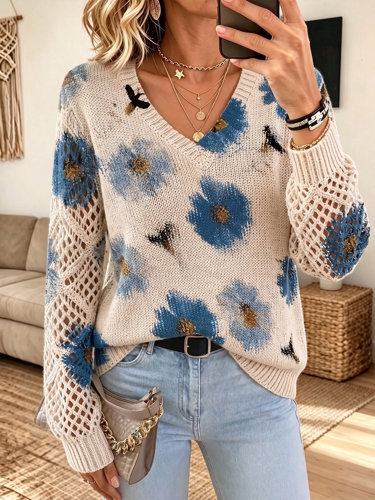 Women V‑Neck Floral Print Hollow Crochet Long Sleeve Knit Sweater