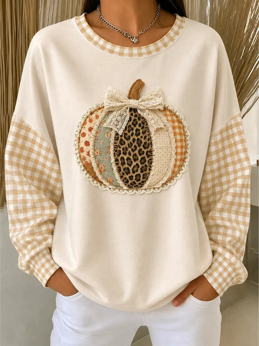 Retro Pumpkin Plaid Pattern Art Print Casual Long Sleeve Sweatshirt