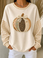 Retro Pumpkin Plaid Pattern Art Print Casual Long Sleeve Sweatshirt