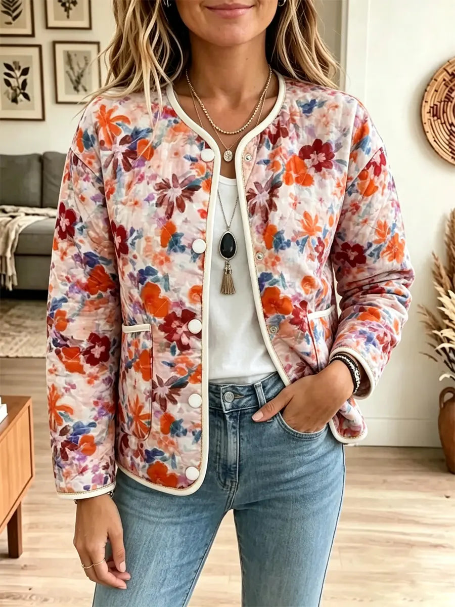 Retro Floral Pattern Art Casual Stylish Long Sleeve Quilted Coat