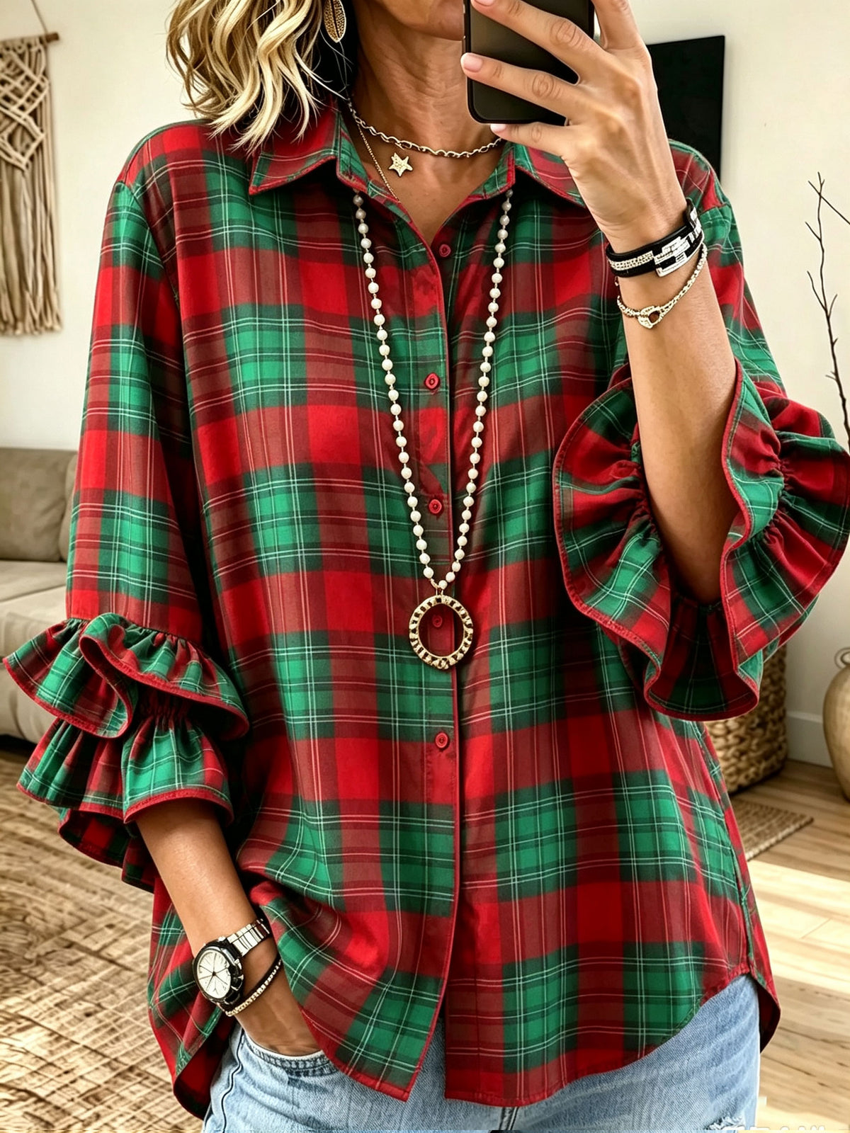 Women Christmas Red Green Plaid Ruffle Flare Sleeve Button‑Down Blouse