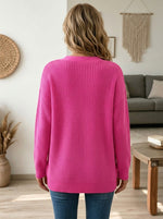 Women Hot Pink V Neck Double Cutout Oversized Chunky Knit Sweater