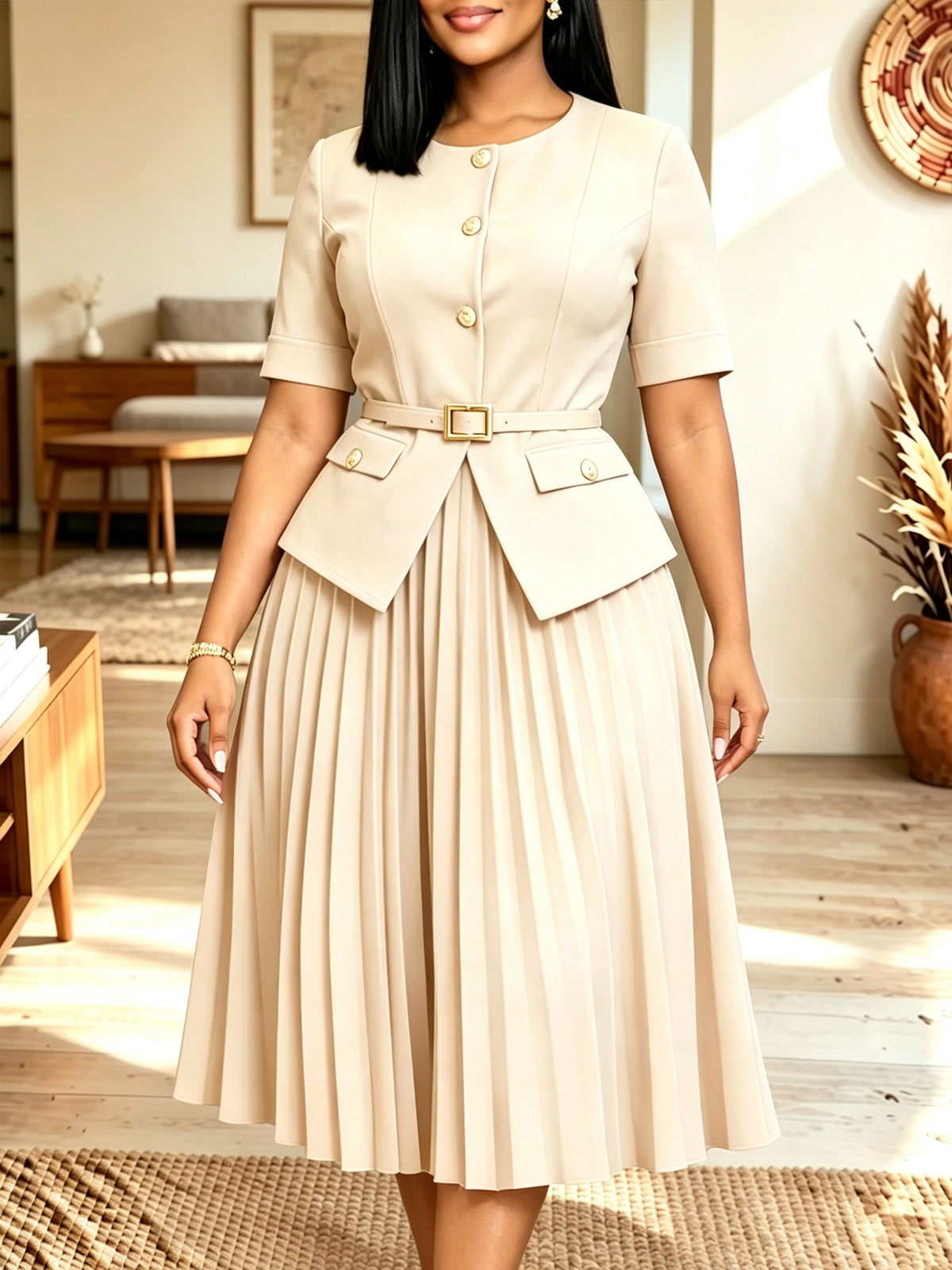 Women Burgundy Gold‑button Belted Pleated Midi Two‑piece Dress Set
