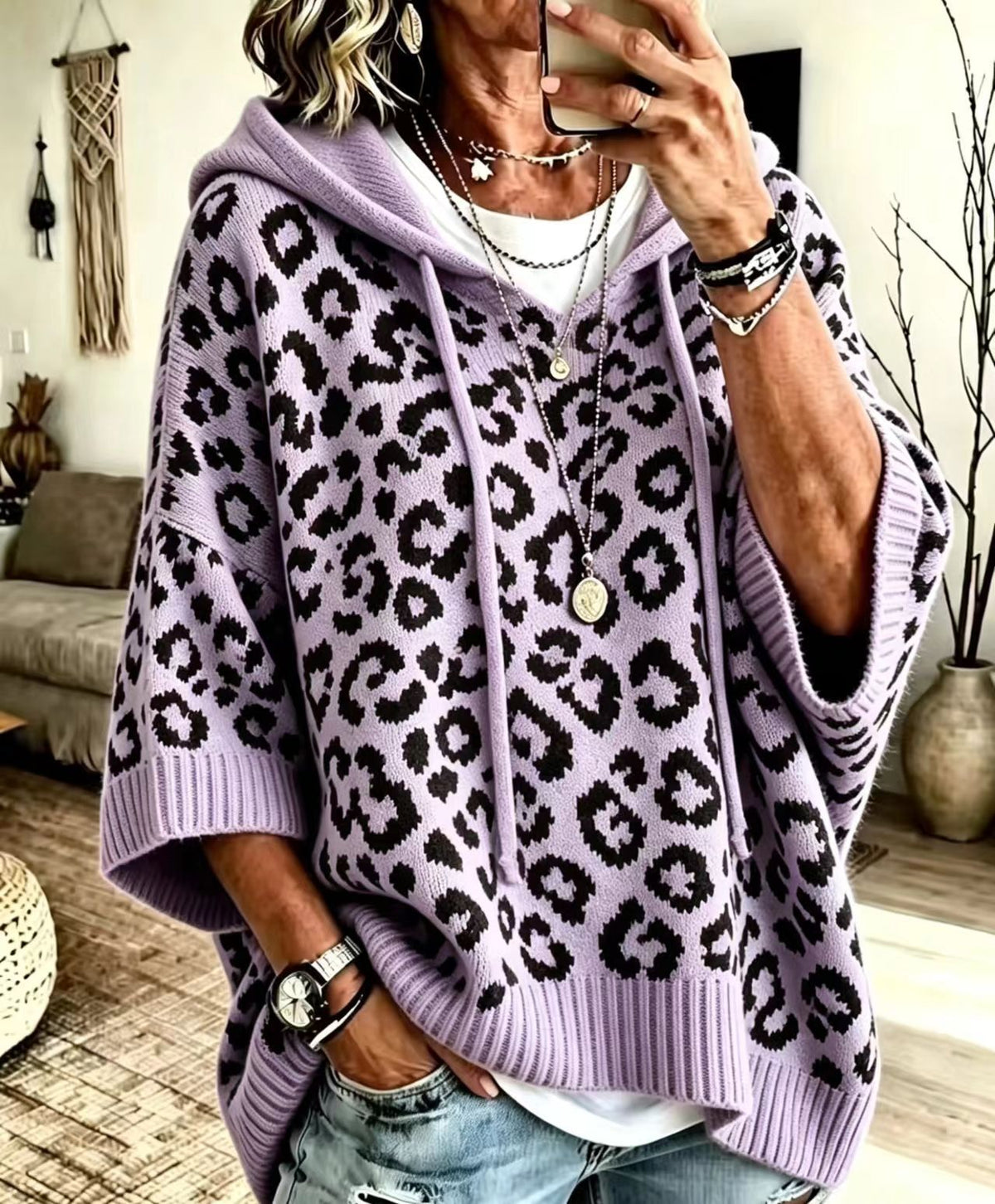 Women Leopard Print Drawstring Hooded Half‑Sleeve Knit Sweater