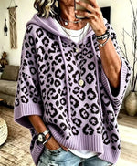 Women Leopard Print Drawstring Hooded Half‑Sleeve Knit Sweater